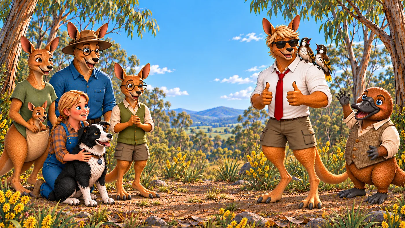 A sunlit clearing in the Australian bush framed by tall gum trees, with blue hills in the distance. On the left a kangaroo family in work clothes stands with a young girl in denim overalls kneeling beside her border collie. On the right a kangaroo in a shirt and tie gives two thumbs up, a platypus in a tweed waistcoat raises a hand in greeting, and two wattlebirds perch on the kangaroo’s shoulder.
