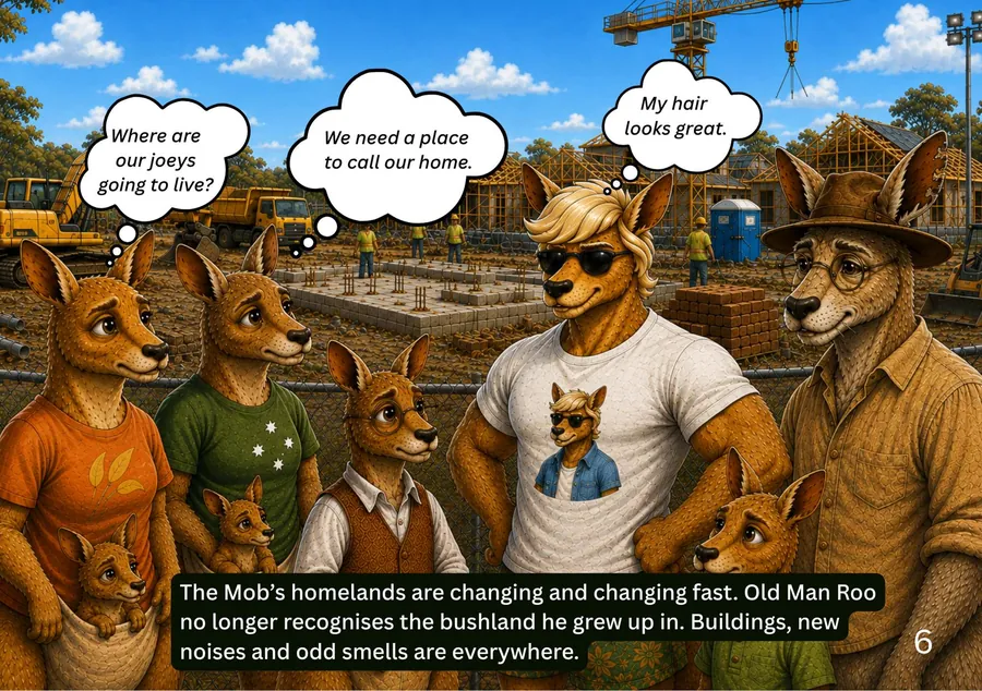 The Mob, page three: the kangaroos stand at a building site where their bushland used to be, wondering where their joeys will live.