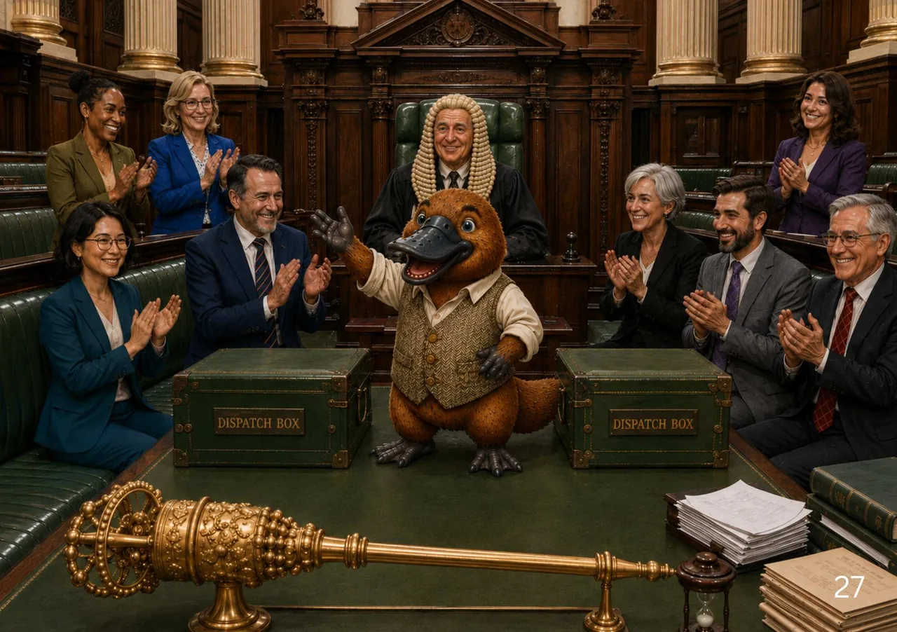 Illustration from Sam the Platypus Goes to Parliament: Sam stands in the chamber of State Parliament while members from all sides smile and applaud.