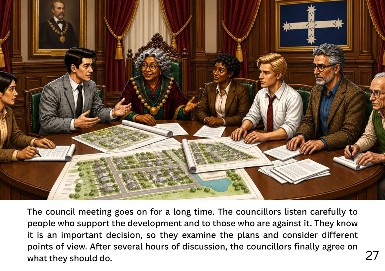 Illustration from The Mob: councillors examining the development plans at a full council meeting.