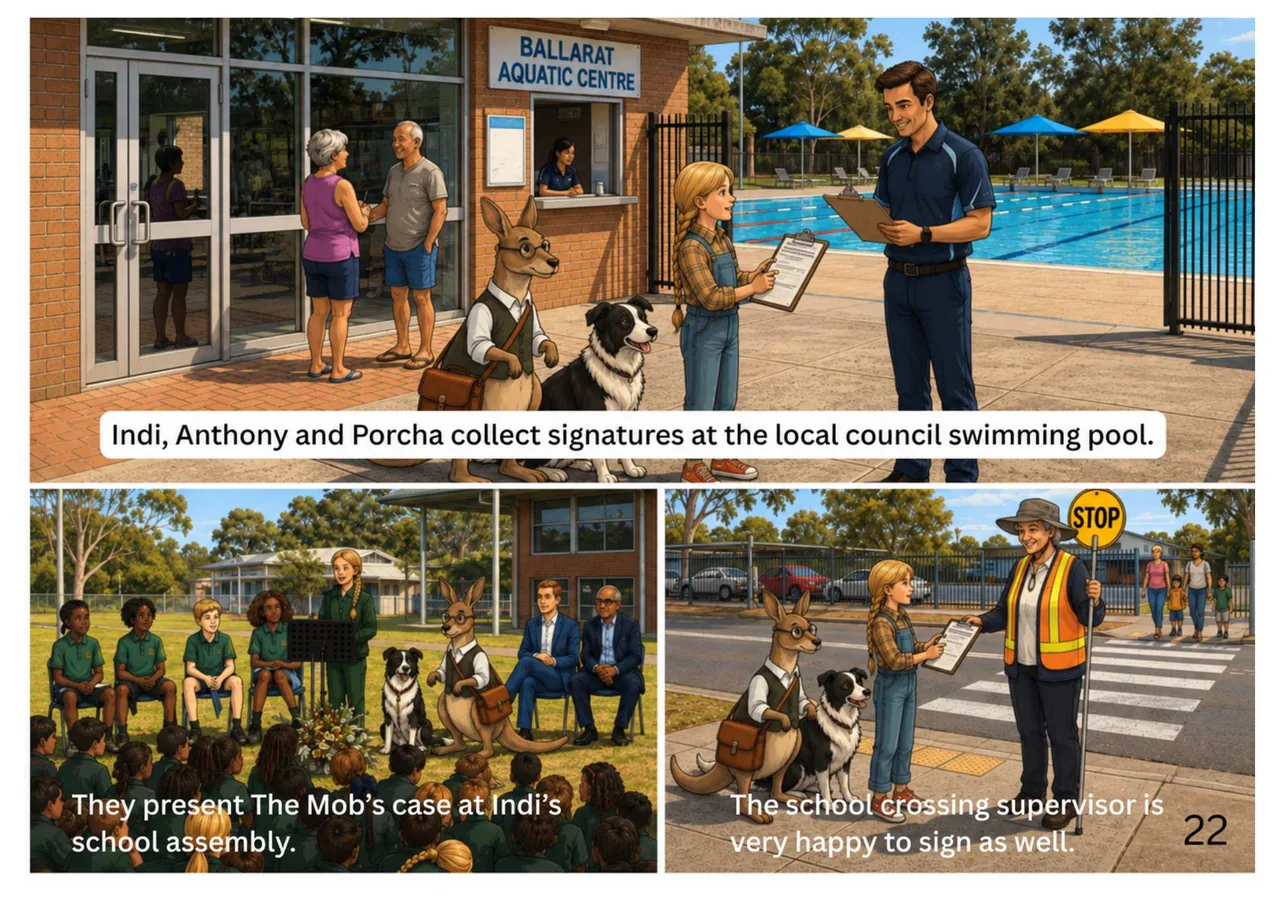 Illustration from The Mob: Indi, Anthony and Porcha collecting signatures for the petition around town.